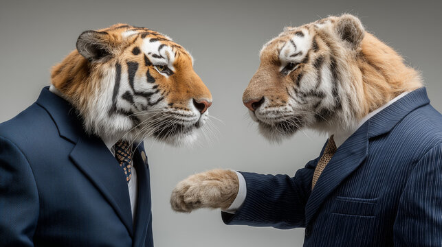 Tiger Executive Meeting: Two tigers, dressed in executive attire, engage in a business discussion, highlighting the dynamic between nature and corporate life.