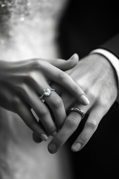 Bride and groom hands joined in a tender intimate touch showing a diamond engagement ring, wedding band, suit cuff and sparkling dress fabric in a black and white close-up