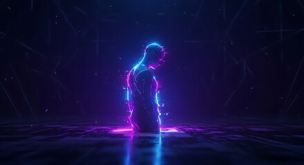 Fototapeta premium A digital human silhouette glowing with blue and purple neon lights in a dark space.