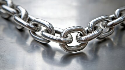 Fototapeta premium Close up of a strong gleaming silver metal chain with interlocking links forming a connected structure reflecting light on its polished surface