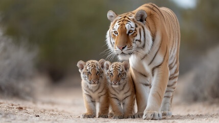 Fototapeta premium Tiger Family on the Prowl: A majestic tigress confidently leads her two playful cubs, their striped coats blending seamlessly with the natural backdrop, creating a moment of raw wildlife elegance.