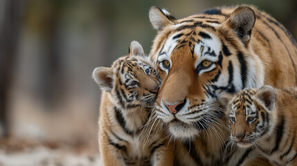 Obraz premium Tender tiger family moment: a majestic tigress shares a gentle moment with her two adorable cubs, showcasing the unconditional love within the wild. 
