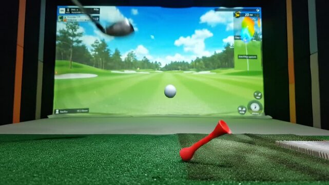 A golf club hovering above a golf ball, teed up on a red tee, against a green background