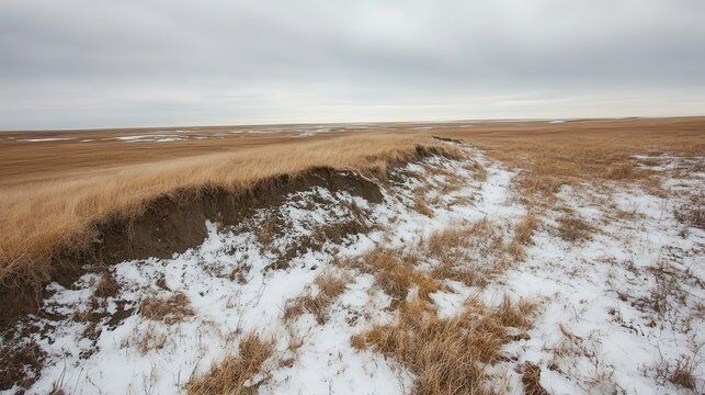 Permafrost thaw destabilizing a winter landscape with erosion and snow covered ground