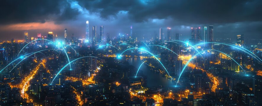 futuristic nighttime city skyline with glowing network arcs linking skyscrapers over a river under stormy clouds, vibrant illuminated streets and a dynamic connected energy
