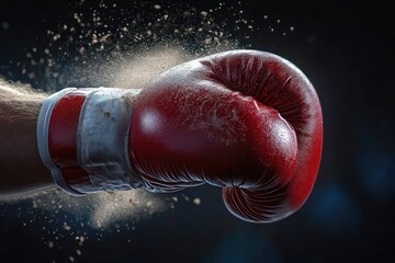 Red boxing glove striking with explosive dust and raw power, close-up capture conveying impact and intensity