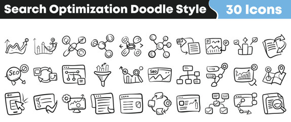 Collection of thirty hand drawn doodle style icons representing various concepts related to search engine optimization and digital marketing analytics