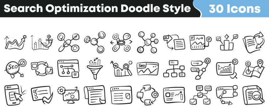 Collection of thirty hand drawn doodle style icons representing various concepts related to search engine optimization and digital marketing analytics