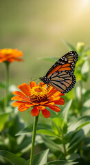 Obraz premium Monarch butterfly perched on a bright orange flower, showcasing its wing detail. It represents nature's cycle and symbiotic relationship between species