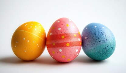 Obraz premium Three cheerful decorated eggs with speckles, dots and stripes in yellow, pink and teal on a clean white background
