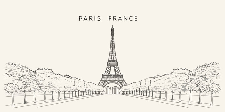 A delicate sketch of the eiffel tower in paris france with tree lined avenue