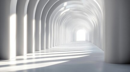 Obraz premium Bright minimalist white vaulted corridor with repeating arches and columns, sunlit striped shadows across the floor leading to a glowing distant opening, calm and serene mood