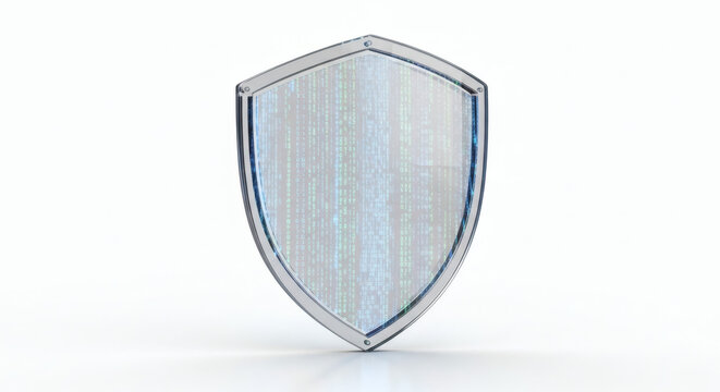 A transparent shield with a digital pattern reflecting a concept of security, protection, and data integrity