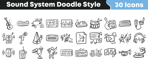 Collection of thirty unique sound system and music related doodle style icons perfect for creative audio and entertainment projects © Vectoravec