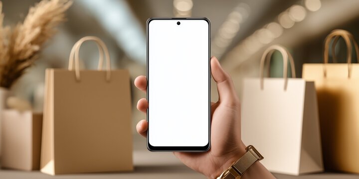 Blank smartphone screen in shopper&rsquo;s hand, great for showcasing coupons, loyalty programs, and online store interfaces