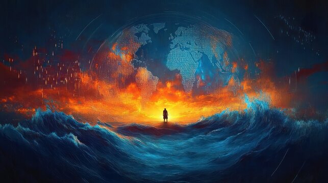 Solitary silhouette standing on towering blue waves facing a fiery glowing horizon beneath a translucent digital world map &mdash; epic, awe-filled and defiant