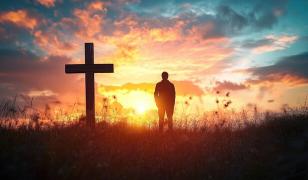 Person silhouette standing beside a wooden cross in a grassy field at sunset, contemplative and peaceful mood beneath a dramatic colorful sky