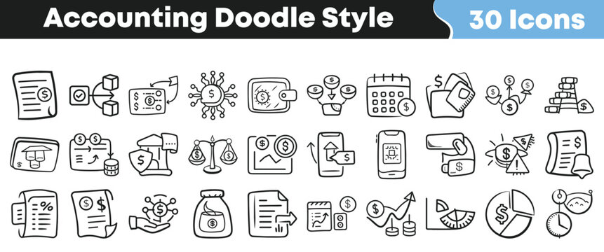 A collection of thirty hand drawn doodle style icons representing various concepts related to finance accounting money and banking systems