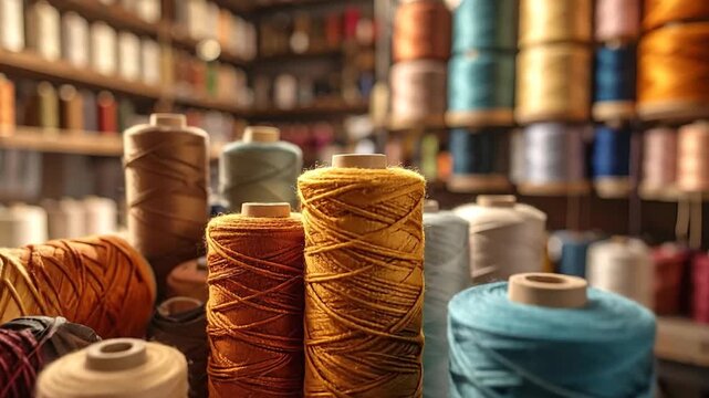 Colorful spools of thread arranged in a workshop, showcasing a variety of textures and hues.