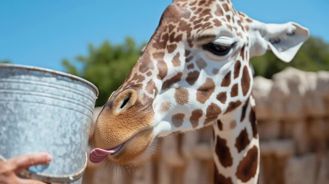 Close-up of giraffe licking its lips before feeding from a bucket. Zookeeper gives food to tall african mammal in a zoo. Human-animal interaction and wildlife care