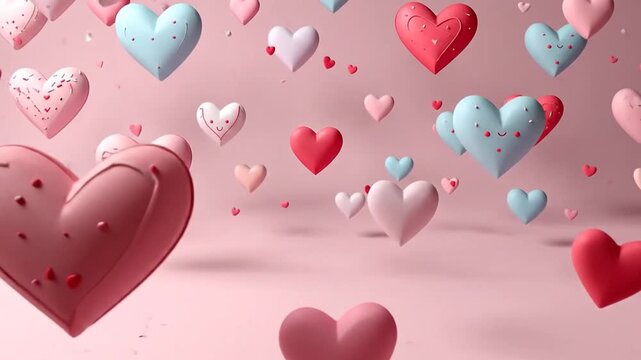 A collection of colorful heart-shaped objects scattered on a soft pink background, perfect for Valentine's Day.