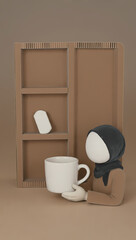Minimalistic clay figure with hijab holding a large coffee mug