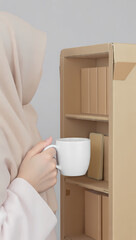 Woman in hijab holding coffee cup near cardboard bookshelf