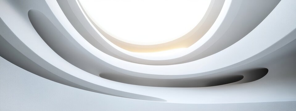 serene bright minimalist interior with layered concentric curved openings and soft sunlight streaming through a large circular skylight