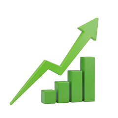 Green upward arrow with bar graph indicating growth isolated on transparent background