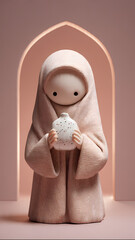 Minimalist ceramic figure holding a speckled vase in soft lighting