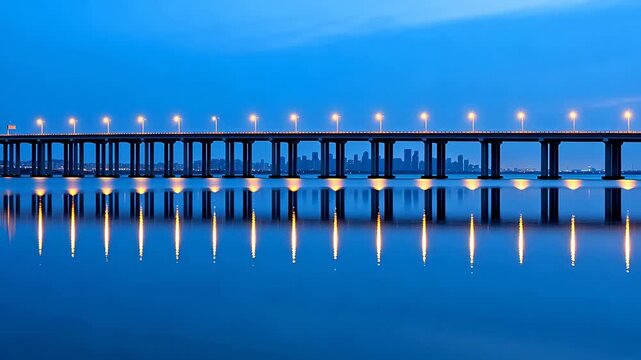 Night bridge with lights reflecting on dark water
