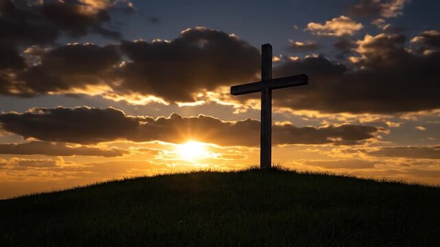 A silhouette of a wooden cross on a grassy hill against a sunset sky