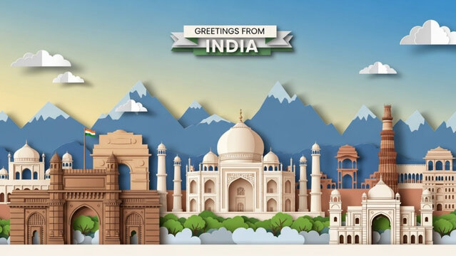 A wide panoramic paper-cut illustration of Indian landmarks with the national flag and the Himalayan mountain range in the background.
