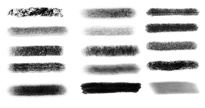 Black isolated lines, charcoal and graphite strokes of varying texture with different shading on a white background. Vector illustrations of lines.