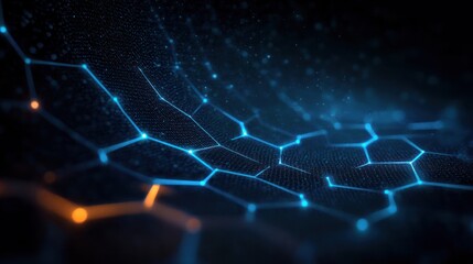 Obraz premium glowing blue hexagonal mesh stretching across a dark digital surface with scattered orange highlights, evoking a mysterious futuristic high-tech atmosphere