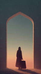 Silhouette of Woman with Suitcase at Sunset in Archway