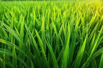 Fototapeta premium close-up of vibrant dew-covered green grass blades bathed in warm morning sunlight, evoking freshness and peaceful calm
