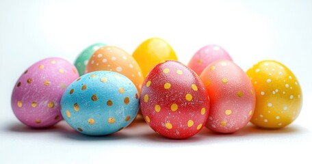 Fototapeta premium assorted colorful polka dot painted eggs on white background conveying cheerful festive spring mood