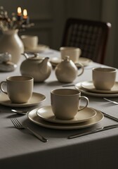 Fototapeta premium Beige tableware set on a table