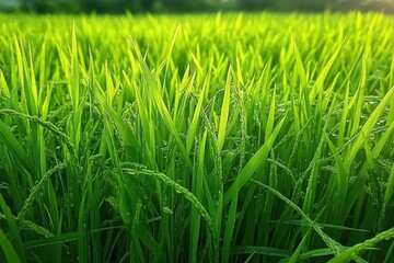 Fototapeta premium Close-up of lush green rice plants with dewdrops glowing in warm morning light, serene fresh vitality