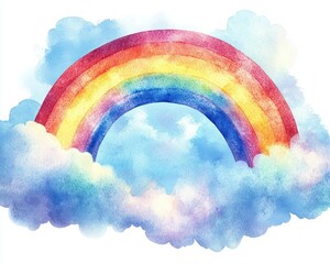 Fototapeta premium watercolor rainbow arching above and through soft blue clouds, bright sky, joyful and serene mood