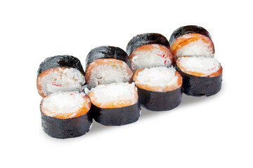 Traditional salmon maki sushi roll wrapped in nori with rice and fresh fish isolated on white background for restaurant menu and food delivery design © Александр Гаврилычев