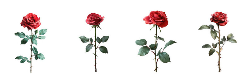 Naklejka premium Four vibrant red roses with green leaves and thorns, isolated on white background isolated on transparent background