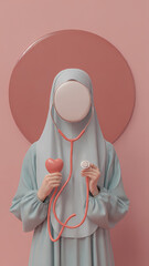 Abstract portrait of woman with stethoscope and heart on pink background