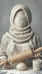Surreal portrait of faceless figure baking with rolling pin and dough