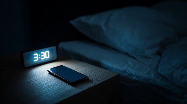 Insomniac Night Watch: A close-up shot capturing the essence of a sleepless night. An illuminated digital alarm clock rests on a nightstand beside a bed.