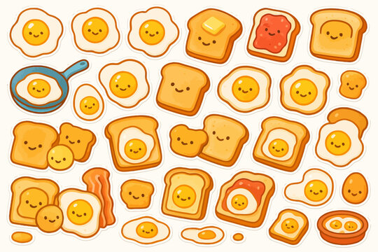 Cute kawaii breakfast pattern with smiling eggs and toast