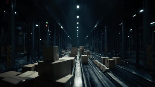 深夜の暗い倉庫で稼働するコンベア動画