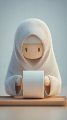 Minimalist wooden figure reading a book in serene setting