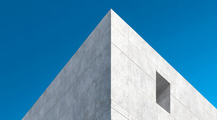 Modern minimalist building corner with marble facade against clear blue sky, low angle perspective highlighting geometric lines, symmetry, and contemporary urban architecture design.